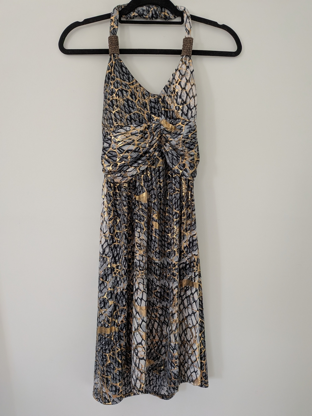 Shoreline Halter Midi Dress in Black, Grey & Gold Accent Print